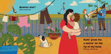 Cuba-sample-pages-Illustration of a woman in a red dress holding a child, with a balcony scene in the background.